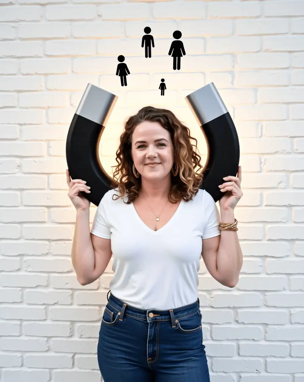 Lucy Ross holding a magnet attracting customers