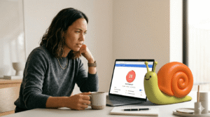 Woman sitting at desk using google search console shopify website slow load speed