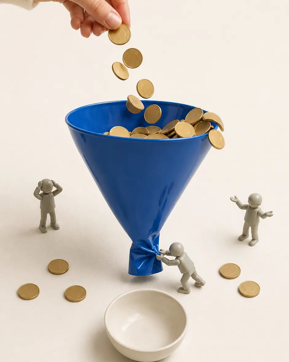 Hand pouring coins into a blue funnel that is tied shut, so the coins spill out and never reach the bowl