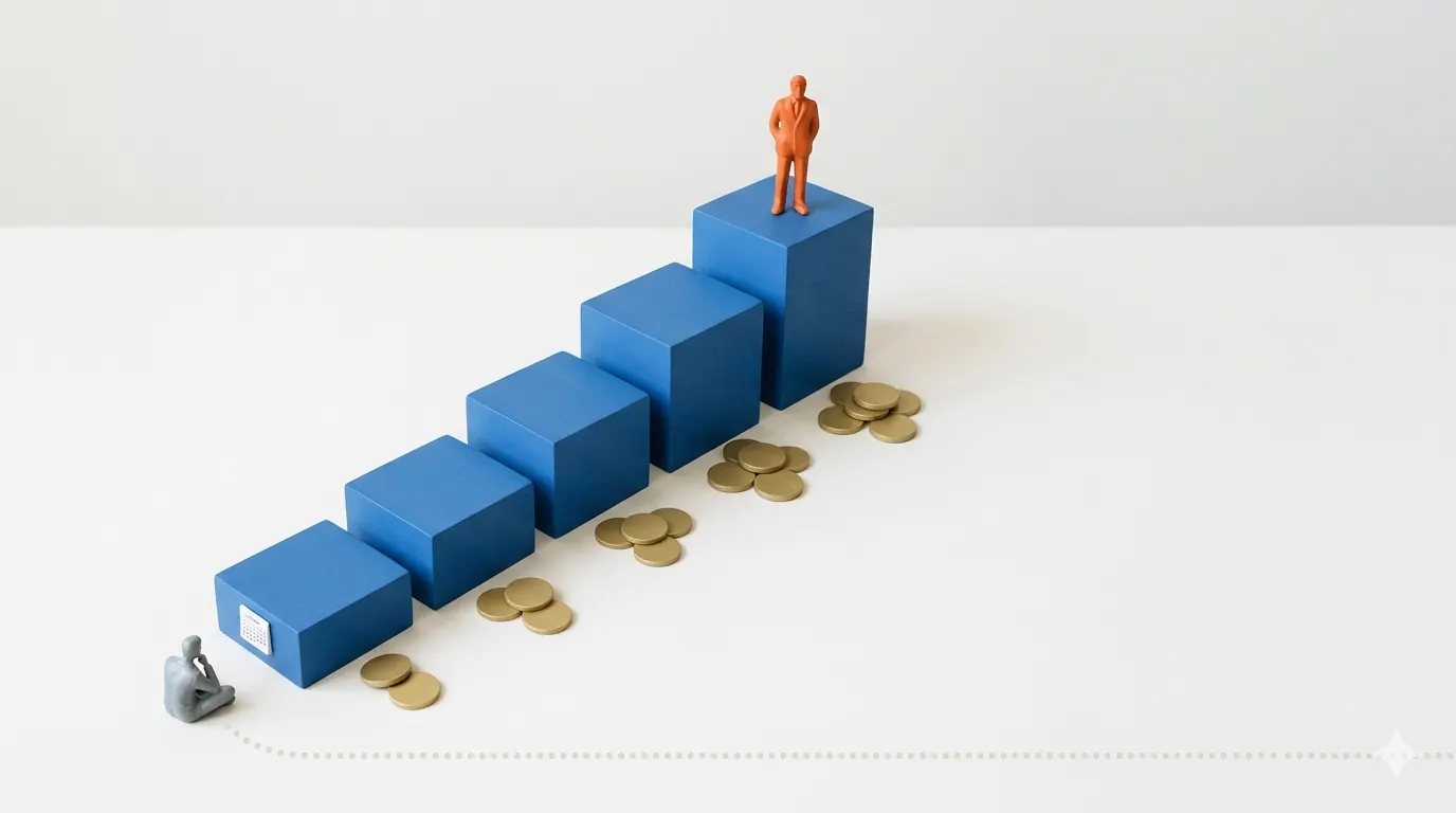 Blue blocks rising like stairs with coins beside each step and an orange figurine standing on the top block