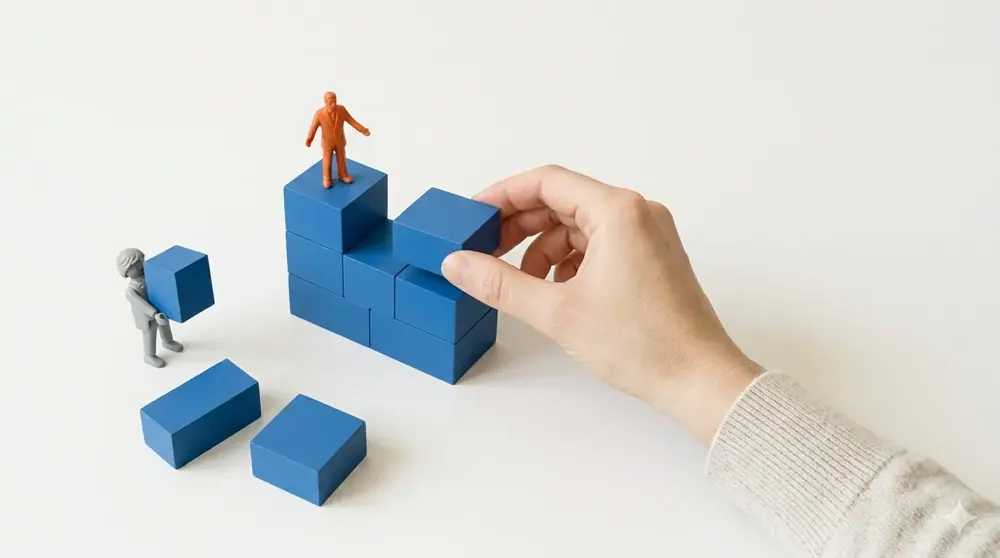 A hand adding blue blocks to build a foundation while an orange figurine stands on top