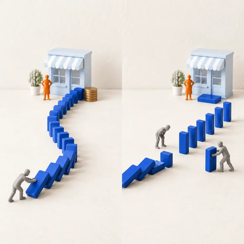 Blue dominoes falling in the right order lead to a shop, beside a messy line pushed in the wrong order