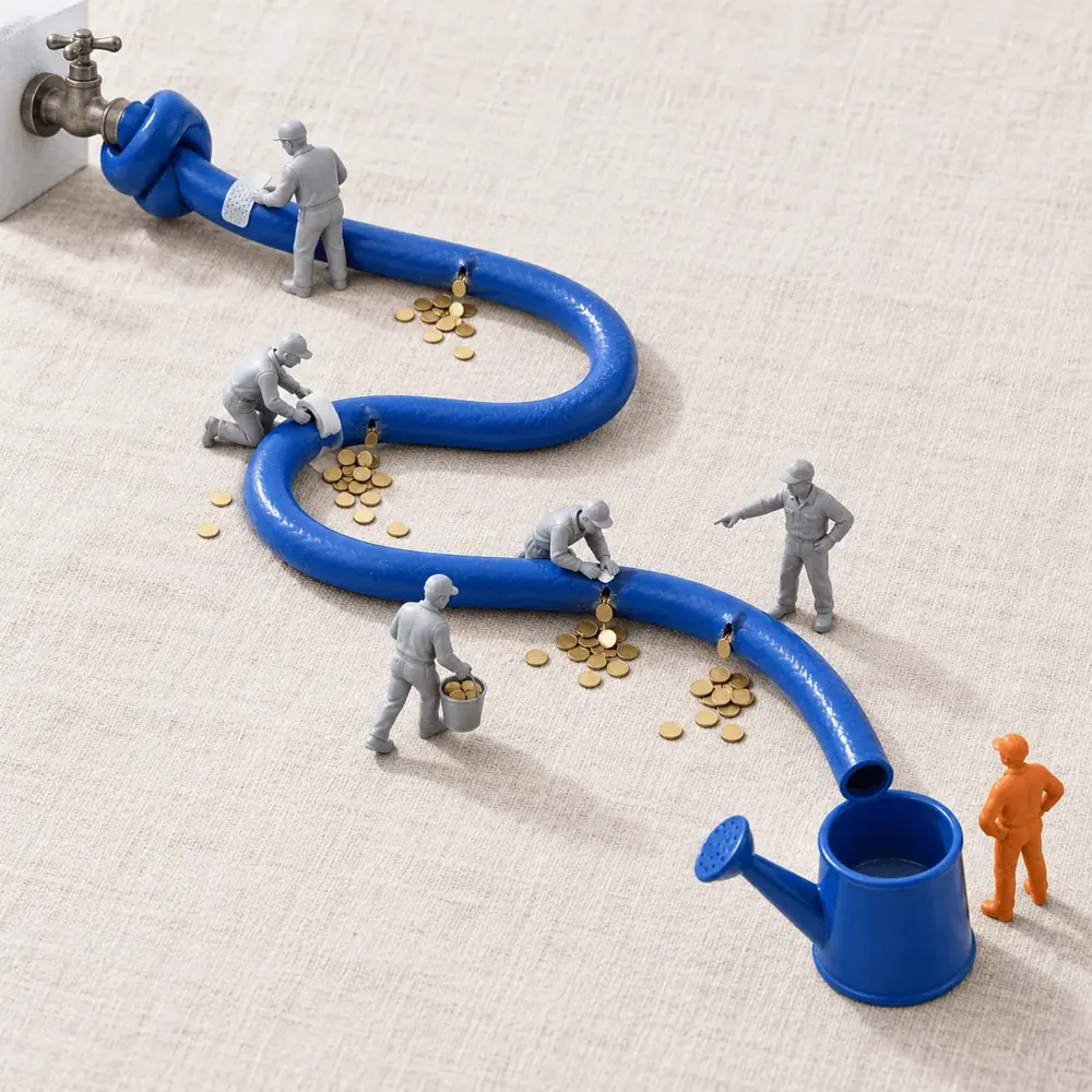 Figures patch coin leaks along a blue hose while nobody notices the knot at the tap, and an orange customer waits by an empty watering can