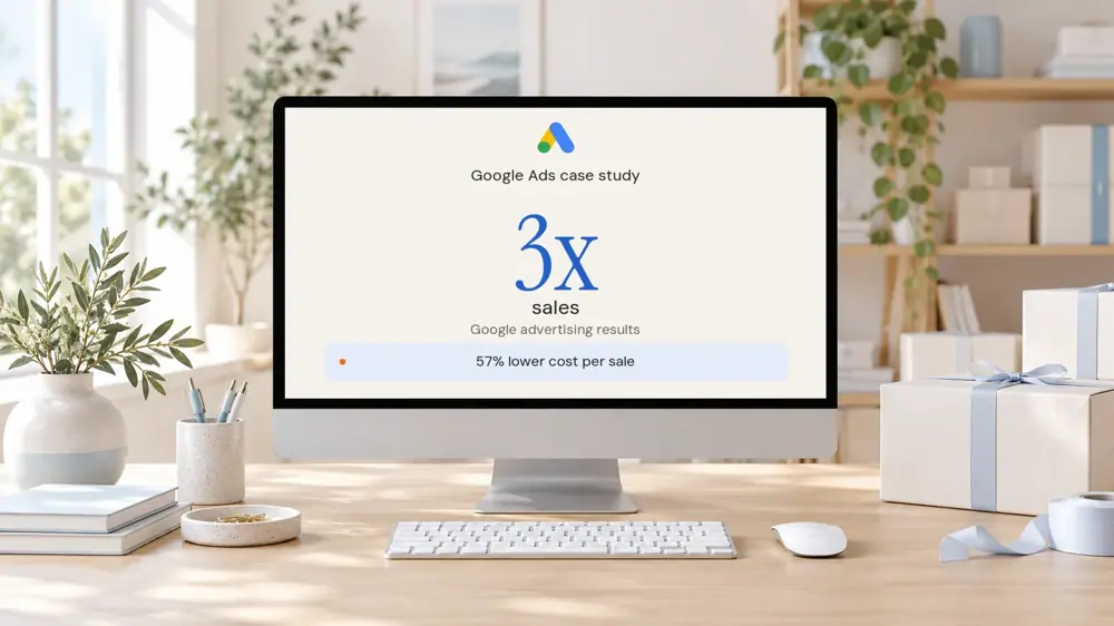 Computer on a desk showing a Google Ads case study with 3x sales and 57% lower cost per sale